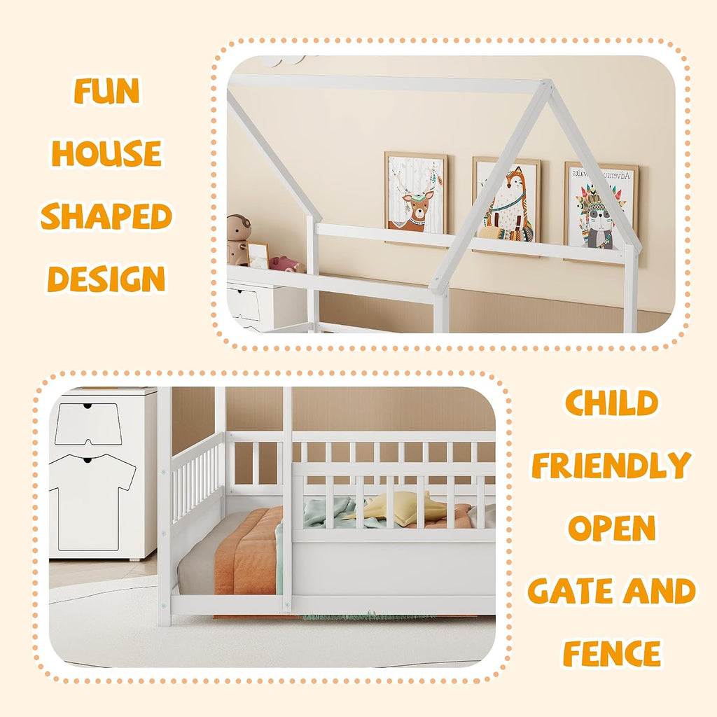 Bellemave Montessori Bed Full Size, Full Floor Bed with High Fence, House Beds for Kids, Girls, Boys, Easy Assemble Montessori Floor Beds, White