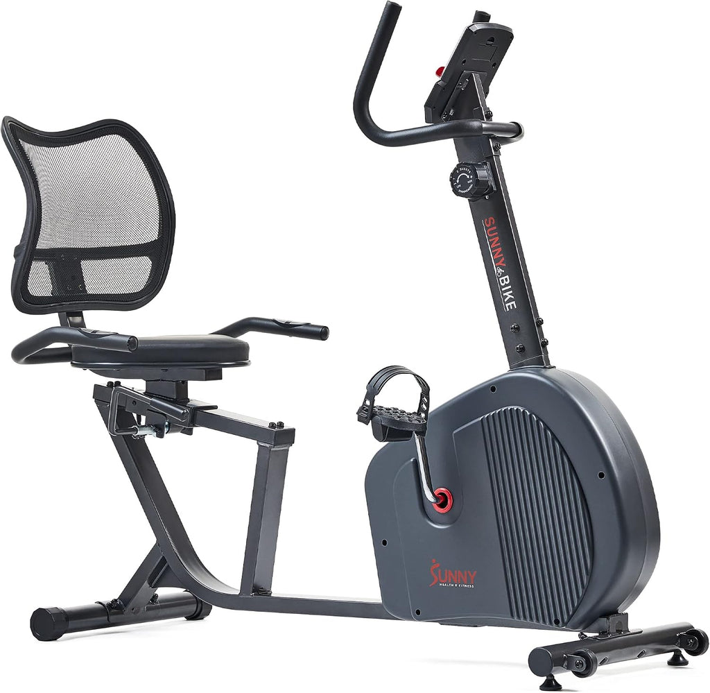 Sunny Health & Fitness Smart Recumbent Exercise Bike, Adjustable Cushion Seat & Mesh Back-Rest for Home Training, Magnetic Resistance & Belt-Drive for Quiet & Smooth workout, Free SunnyFit App Connect