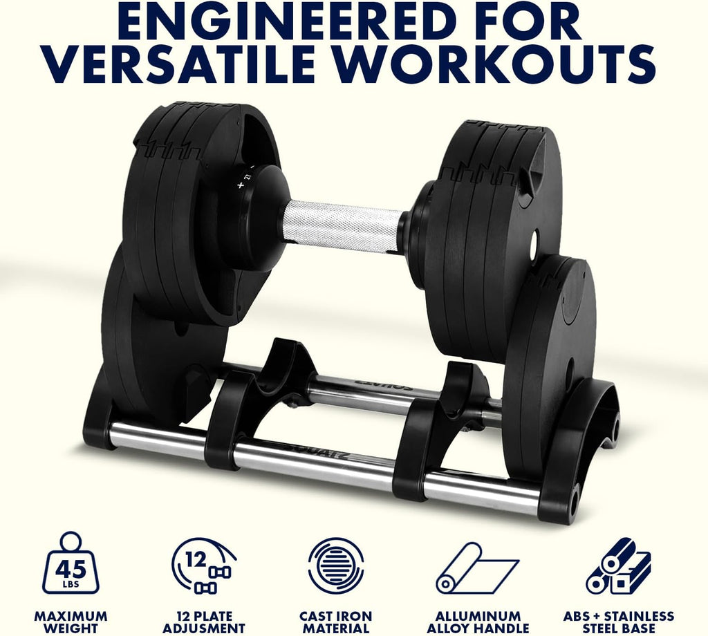 SQUATZ Adjustable Dumbbells with Quick Weight Change, Space-Saving Dumbbell Set with Anti‑Slip Handle, Secure Locking System, Heavy‑Duty Plates & Base for Home Workout and Strength Training