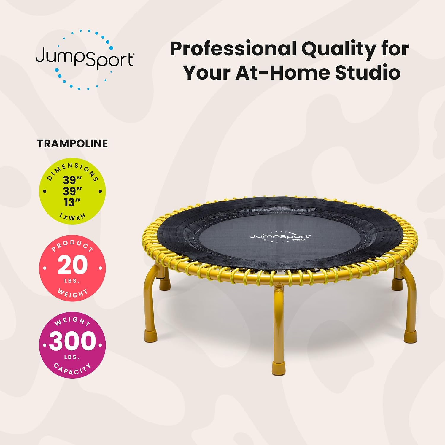 JumpSport 350 PRO 39 Inch Fitness Trampoline Indoor Rebounder Cardio Workout Equipment 300 lb Capacity