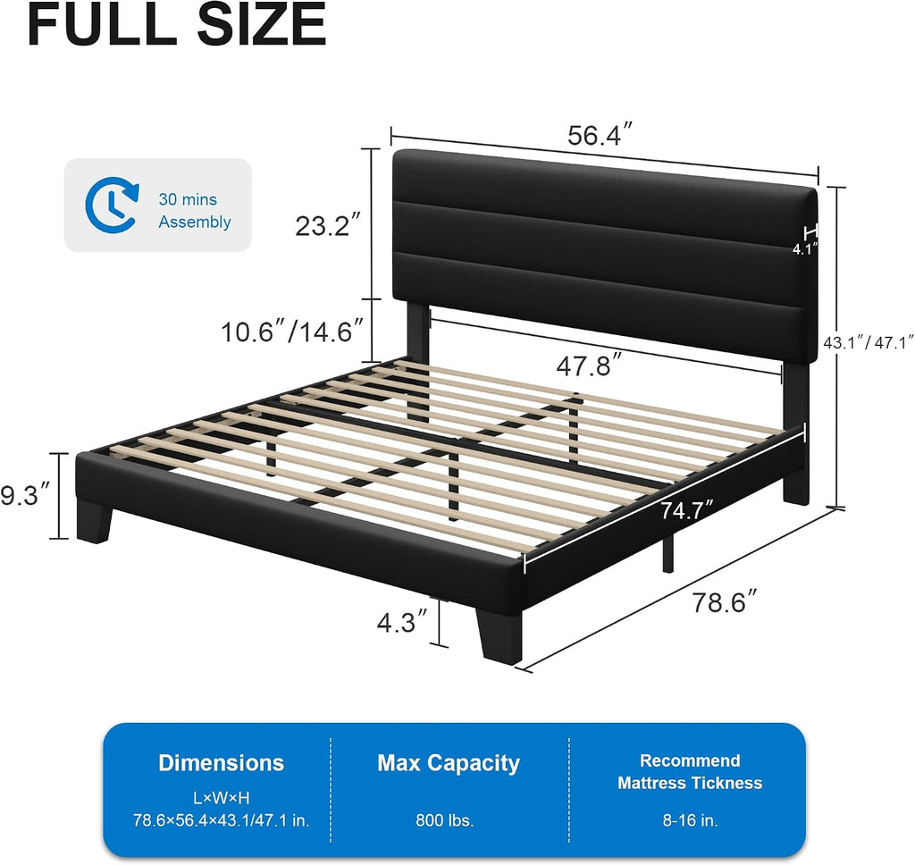 GOLDORO Full Size Platform Bed Frame with Upholstered Headboard, Wooden Slats Support, No Box Spring Needed, Easy Assembly, Black
