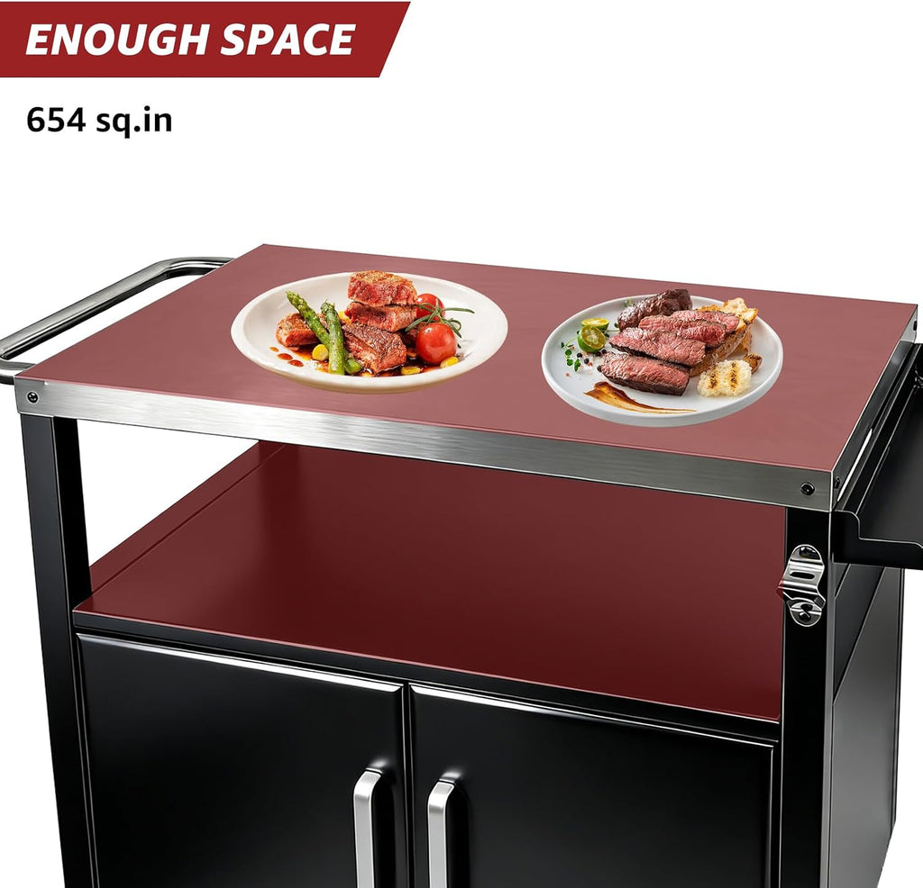 Outdoor Grill Cart with Storage, Movable Stainless Steel Kitchen Island with Wheels & Brakes, Multifunctional Food Prep Table for BBQ, Pizza Oven