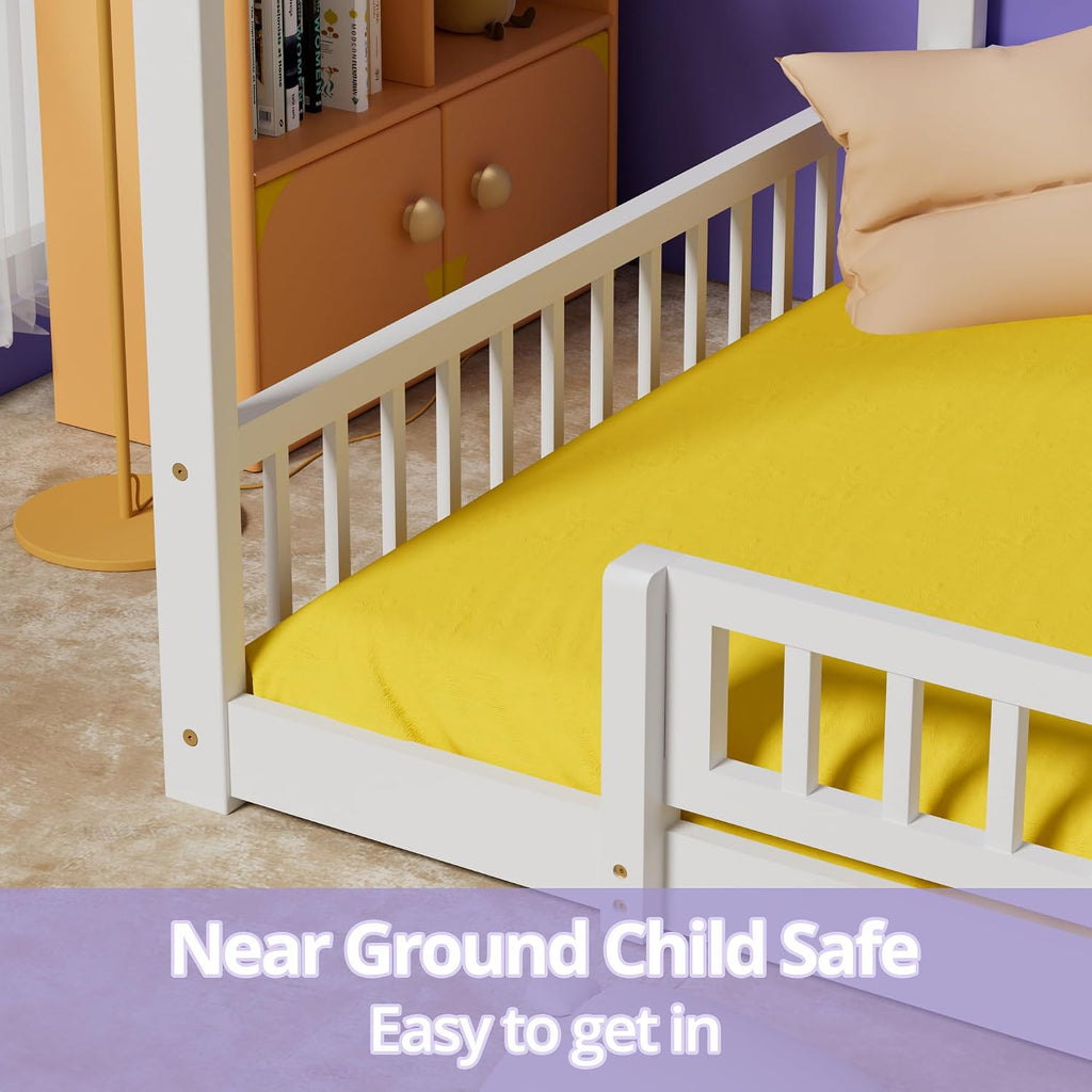 LLS Twin House Bed with Fence, Wooden Montessori Bed with Slats Support, Floor Bed Frame for Boys Girls Bedroom, White