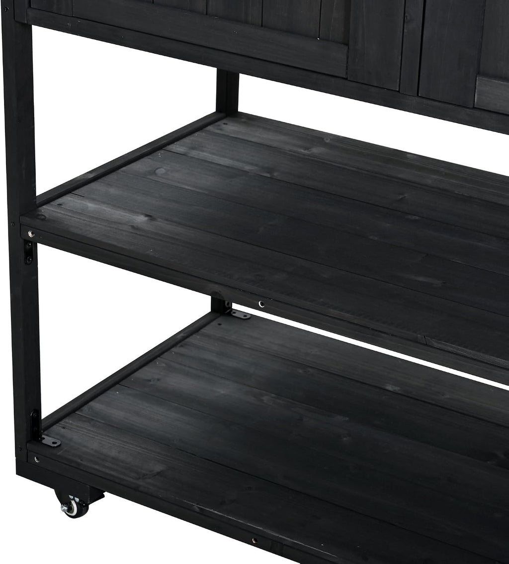 62.3'' Patio Kitchen Island Cart with Stainless Table Top,Solid Wood Garden Potting Bench with Raised Shelf and Drawers, Grill Prep Table for BBQ, Party (Black-E)