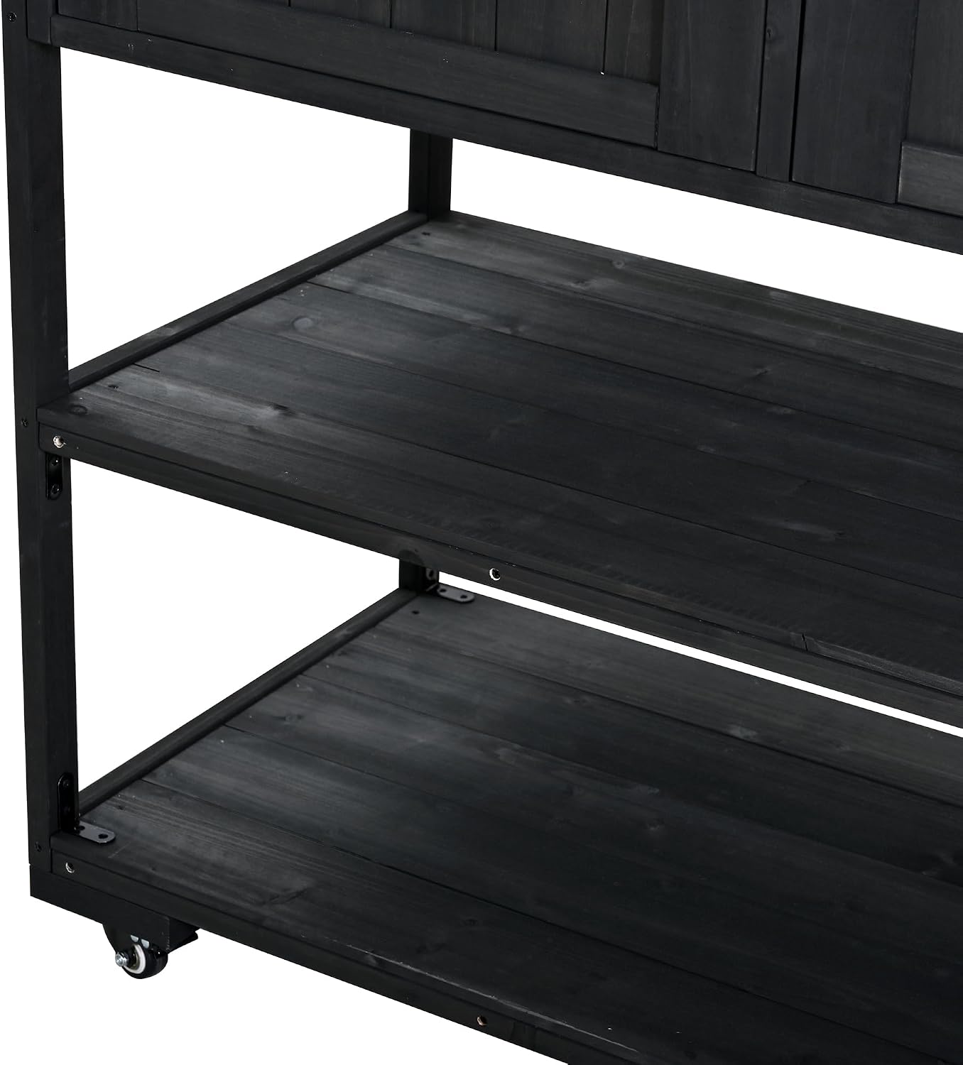 62.3'' Patio Kitchen Island Cart with Stainless Table Top,Solid Wood Garden Potting Bench with Raised Shelf and Drawers, Grill Prep Table for BBQ, Party (Black-E)