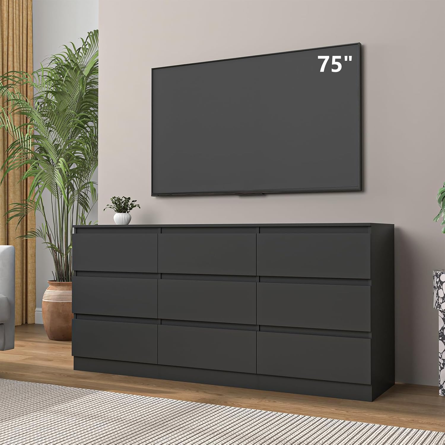 Vibe & Dine 9 Drawer Dresser, 59.1' Long Dresser for Bedroom Free Handle, Modern Wooden Chest of Drawers with Wide Storage for Living Room, Black