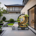 Indoor Outdoor Resin Fountain with LED Light Ring – Round Landscape Waterfall Feature with Pump, Bonsai & Gourd Decor – 6.07ft Tall Large Decorative Water Sculpture(B Large)