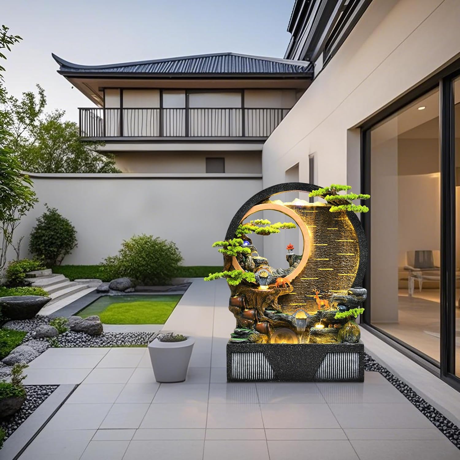Indoor Outdoor Resin Fountain with LED Light Ring – Round Landscape Waterfall Feature with Pump, Bonsai & Gourd Decor – 6.07ft Tall Large Decorative Water Sculpture(B Large)