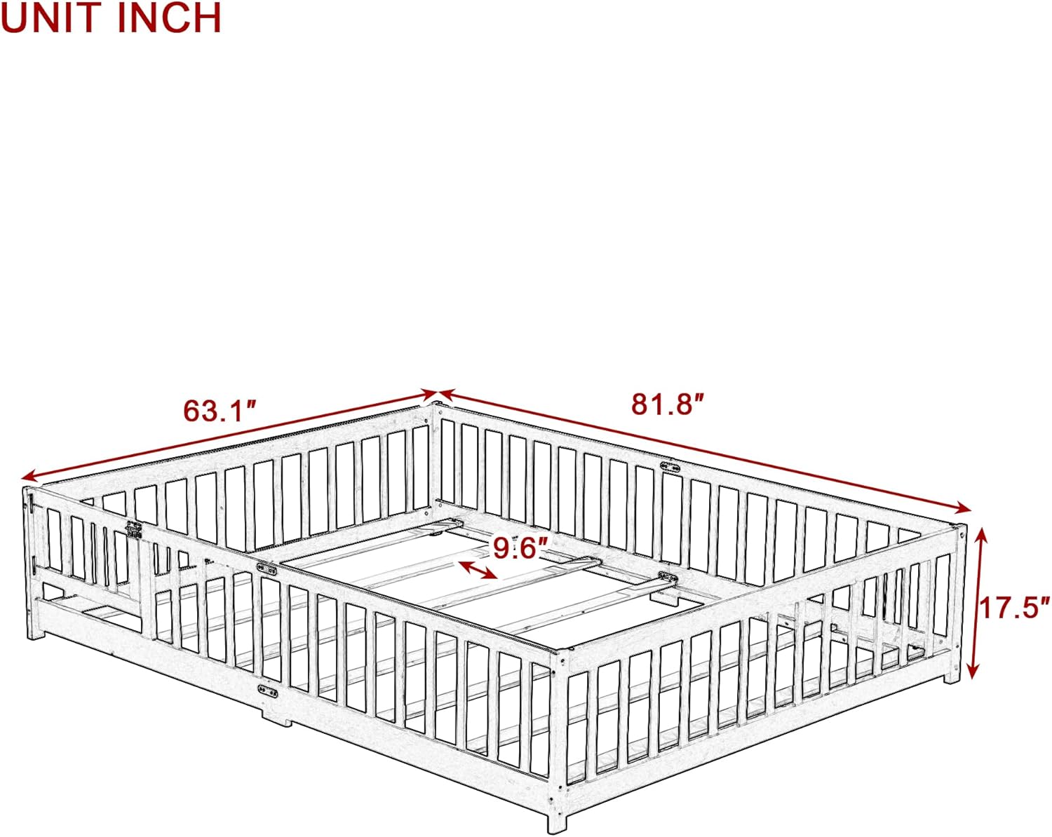 Queen Size Floor Bed with Door and Fence for Kids, Montessori Floor Bed with Slats and Safety Guardrails,Solid Wood Queen Bed Frame for Girls Boys(Queen,Espresso)