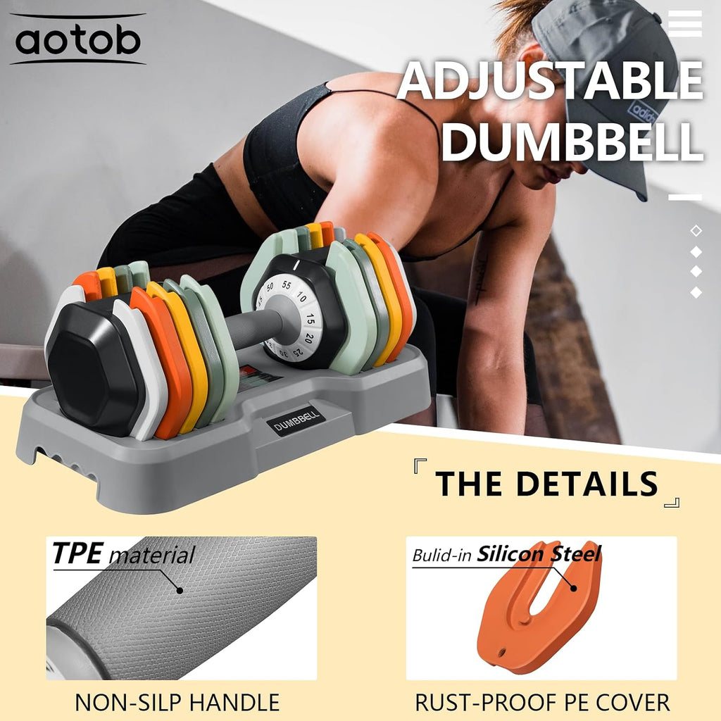 AOTOB Adjustable Dumbbell Set 25/55 Lbs (Pair), Fast Weight Adjustment with Anti-Slip Turning Handle, Space-Saving for Home Gym, Strength Training Equipment for Men & Women