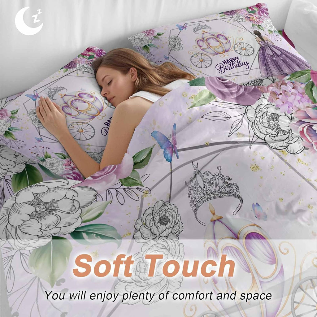 Happy Birthday Duvet Cover Set, Purple Luxury Dress Crown Carriage Flowers Soft Duvet Cover Full Size Bedding Set 4 Pieces, 1 Quiltcover and 2 Pillowcases with Zipper, 1 Bed Sheet for All Seasons