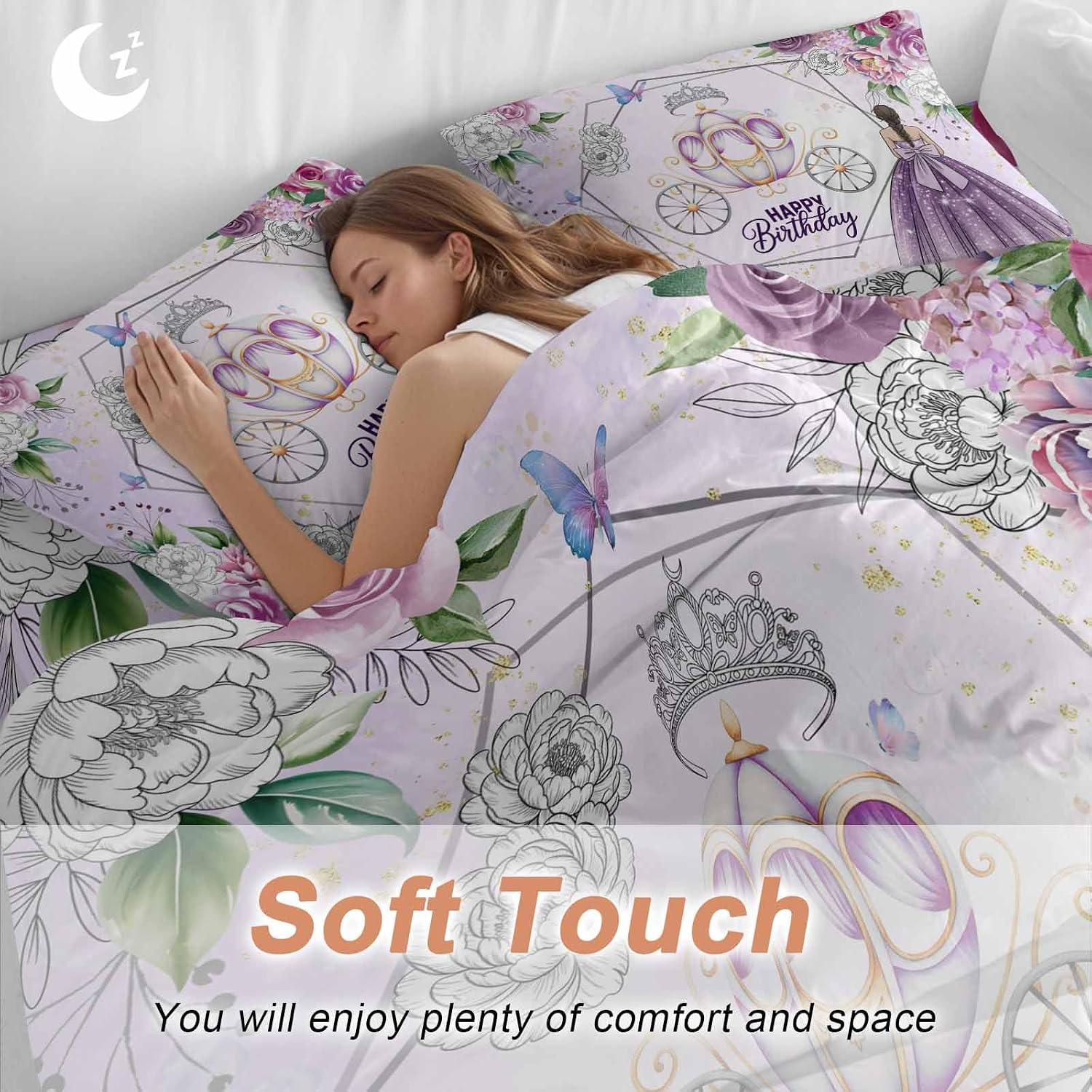 Happy Birthday Duvet Cover Set, Purple Luxury Dress Crown Carriage Flowers Soft Duvet Cover Full Size Bedding Set 4 Pieces, 1 Quiltcover and 2 Pillowcases with Zipper, 1 Bed Sheet for All Seasons