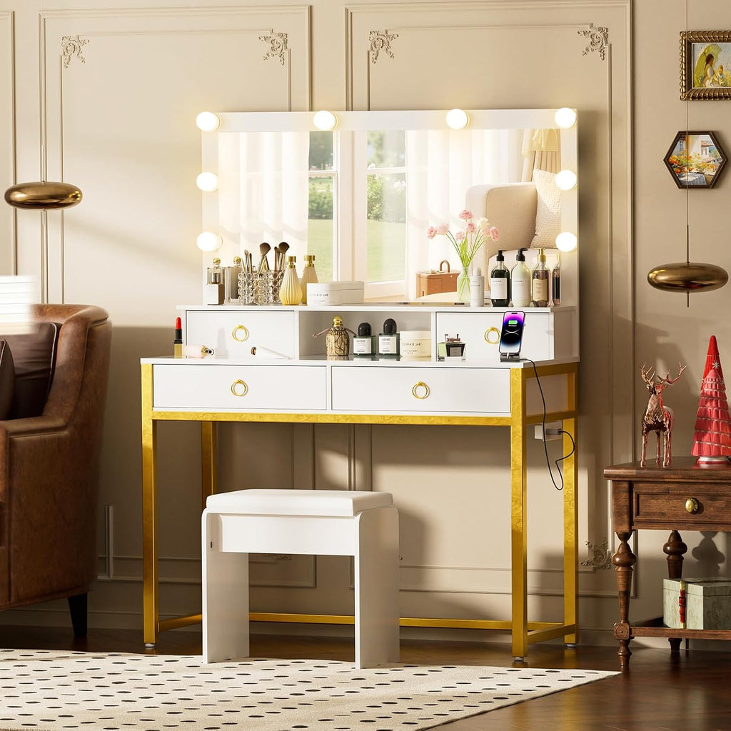 COMHOMA Makeup Vanity Desk with Mirror and Lights, Vanity Table and Chair Set with 4 Drawers and Charging Station, Bedroom Dresser Mirror& Adjustable 3 Color Modes, Storage Shelf, 32In White and Gold