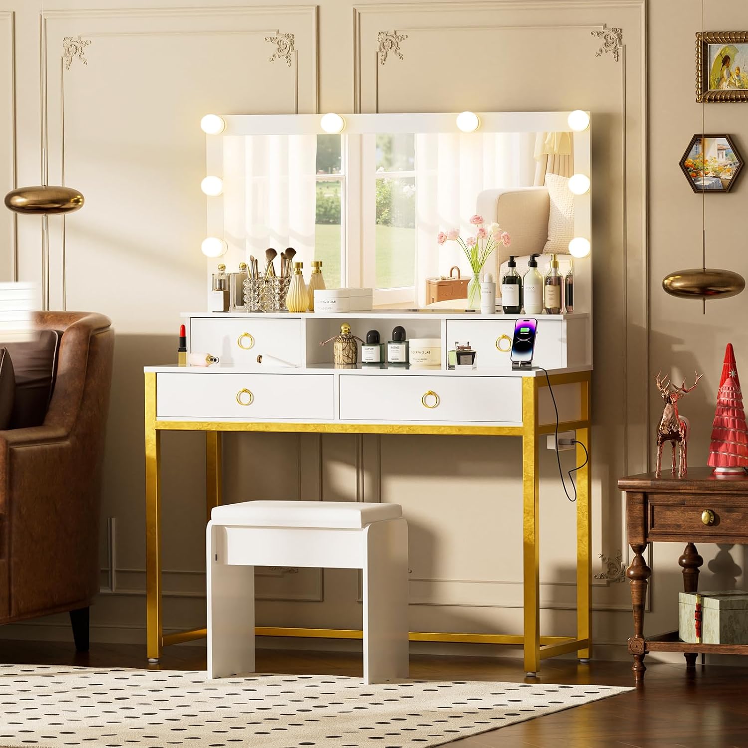 COMHOMA Makeup Vanity Desk with Mirror and Lights, Vanity Table and Chair Set with 4 Drawers and Charging Station, Bedroom Dresser Mirror& Adjustable 3 Color Modes, Storage Shelf, 32In White and Gold