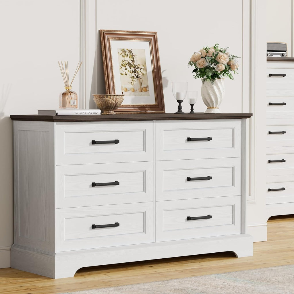 Furmax Farmhouse Dresser for Bedroom, 6 Drawers Dresser, Wood Chest of Drawers, 47.2' Wide Storage Dressers Organizer for Bedroom, Living Room, White and Brown