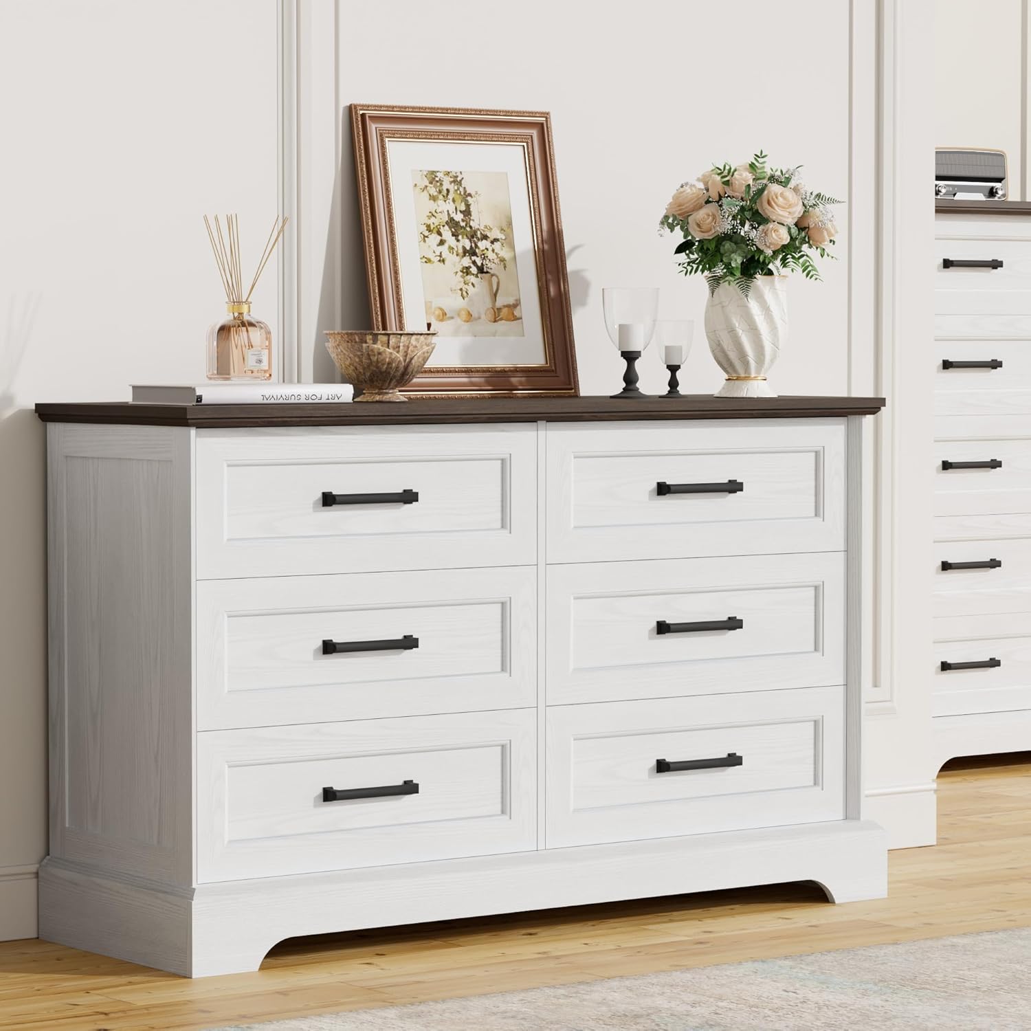 Furmax Farmhouse Dresser for Bedroom, 6 Drawers Dresser, Wood Chest of Drawers, 47.2' Wide Storage Dressers Organizer for Bedroom, Living Room, White and Brown