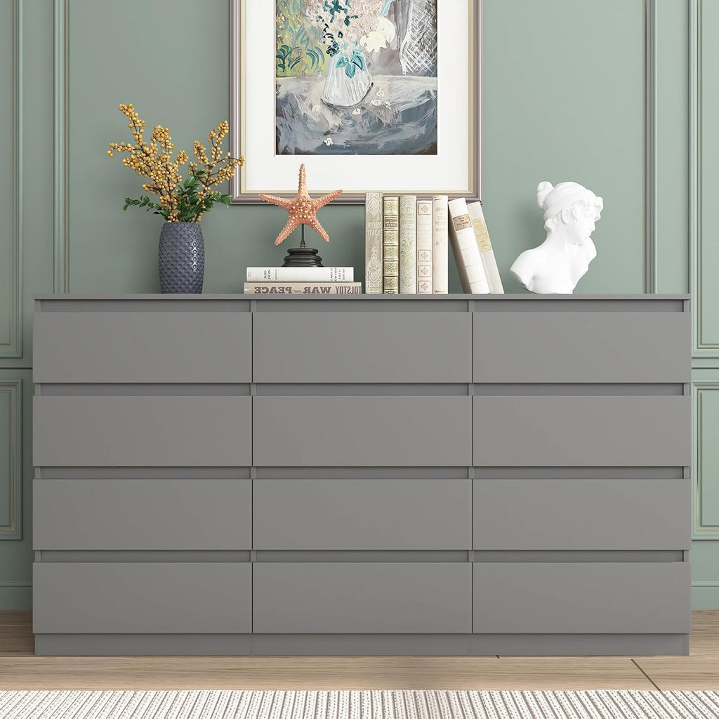 Vibe & Dine 12 Drawer Dresser, Grey Dressers for Bedroom Free Handle, Modern Chest of Drawers with Wide Storage for Closet, Living Room, Hallway