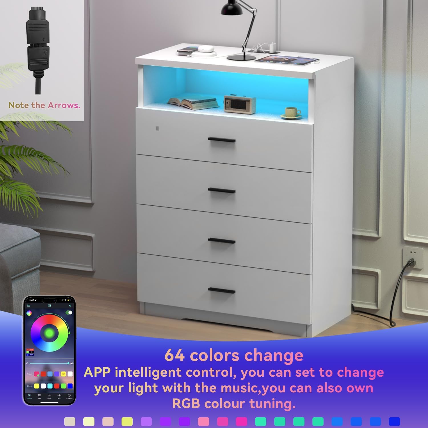 FJTJBSI Dresser with Power Outlets and LED Lights Wooden 4 Drawer Dresser with Large Organizer Tall White Drawer for Bedroom Modern Chest of Drawers Closet for Living Room Kids Room