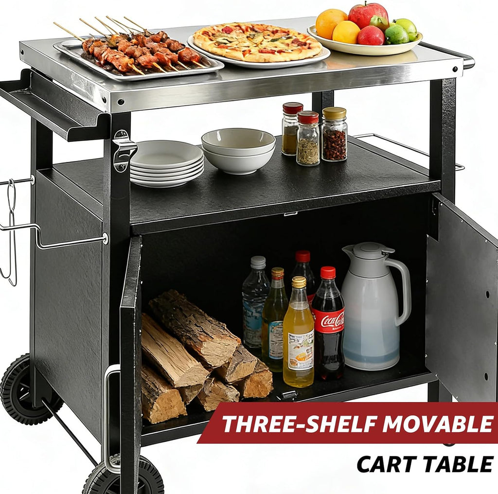 Outdoor Grill Cart with Storage, Movable Stainless Steel Kitchen Island with Wheels & Brakes, Multifunctional Food Prep Table for BBQ, Pizza Oven
