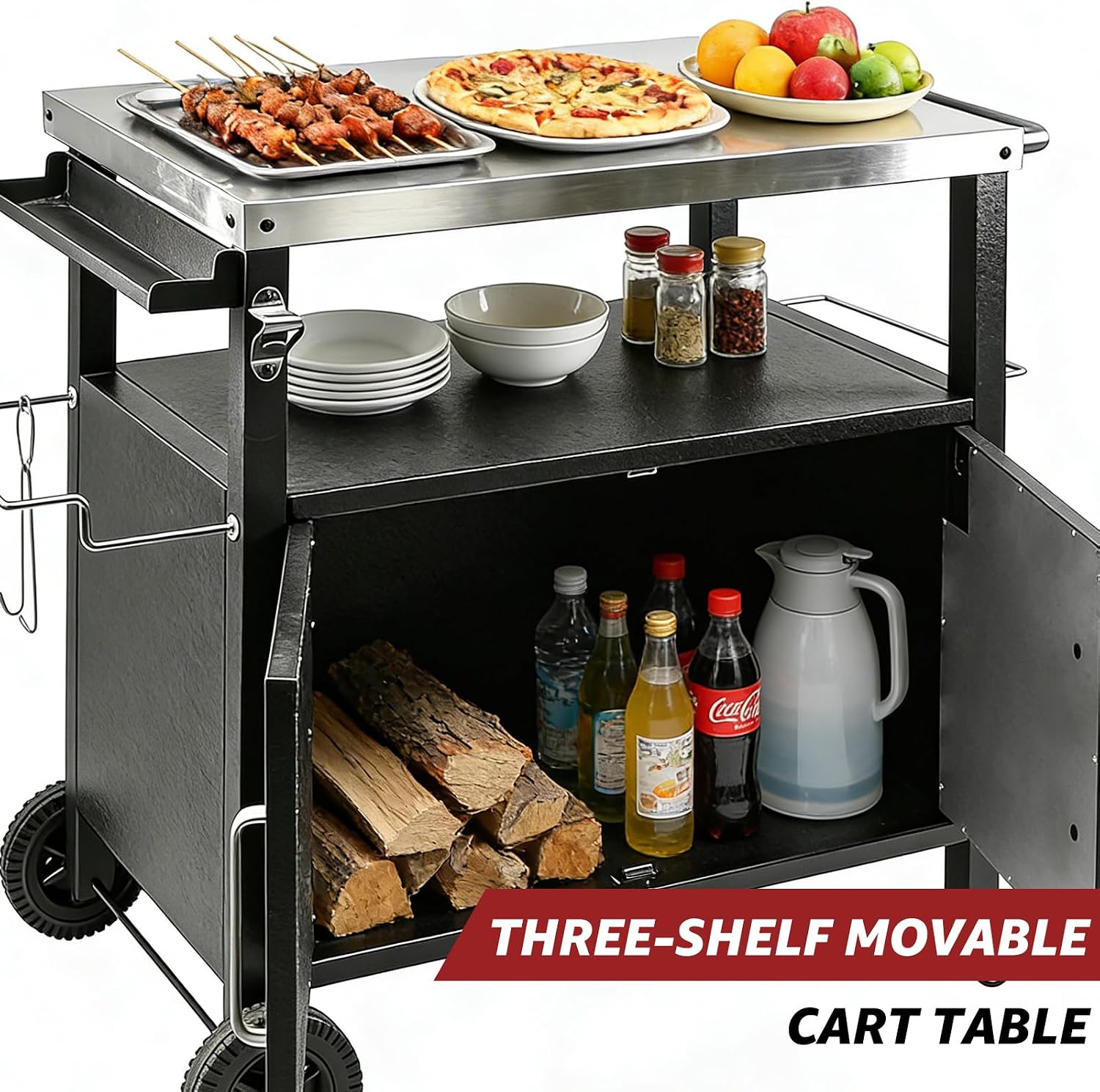 Outdoor Grill Cart with Storage, Movable Stainless Steel Kitchen Island with Wheels & Brakes, Multifunctional Food Prep Table for BBQ, Pizza Oven