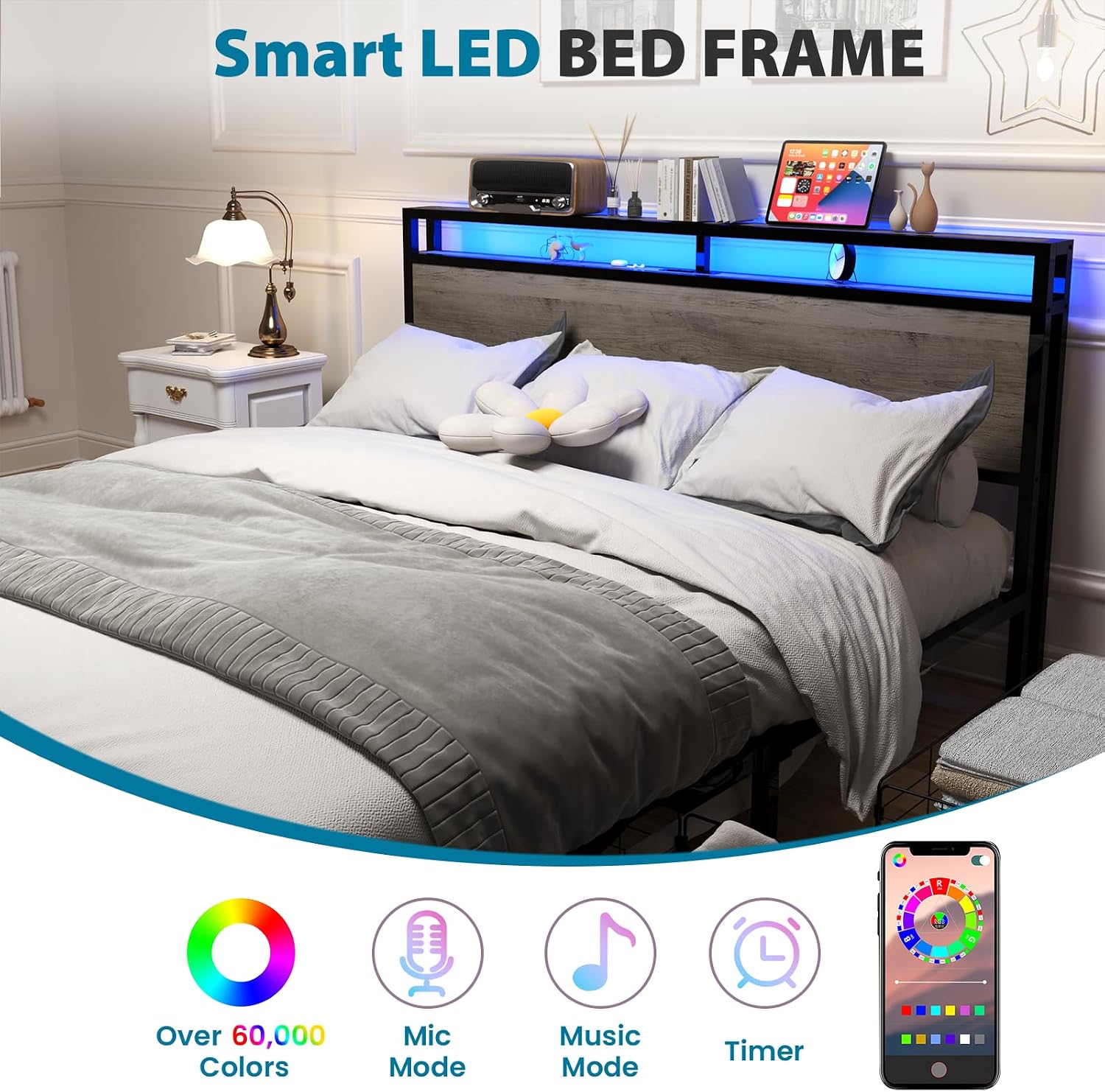 Kiivakii Full Size Bed Frame with Headboard, LED Platform Bed with 4 Storage Drawers, Built in Charging Station, Noise-Free, Metal Support Base, No Box Spring Needed, Gray