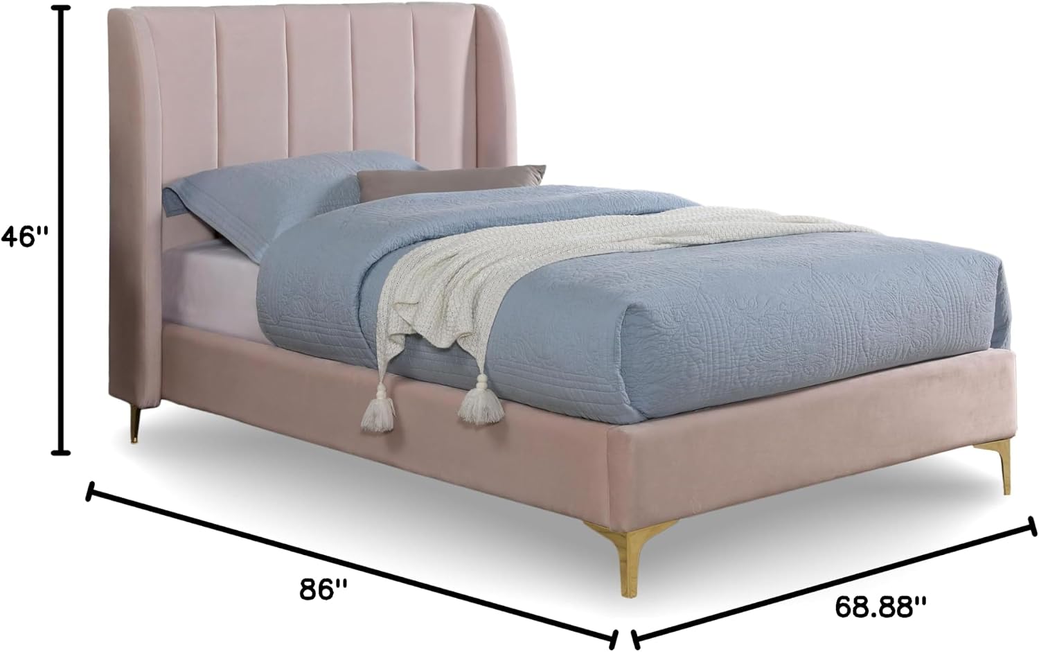 Furniture of America Navena Fabric Upholstered Queen-Size Platform Bed with Wingback Design and Channel Tufting, Gold Metal Legs, No Box Spring Required for Bedroom, Guest Room, Light Pink