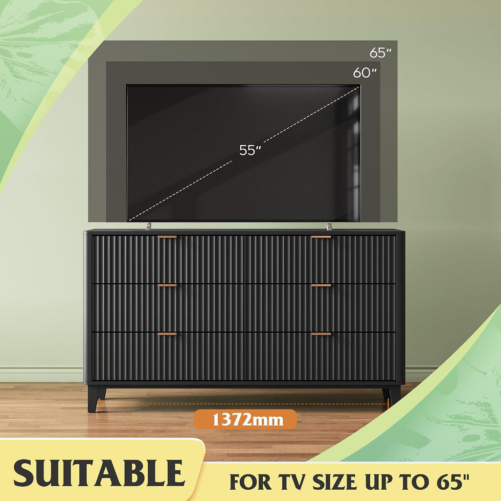 WLIVE Fluted Dresser for Bedroom with 6 Drawers, 54' Wide Wood Dresser with Golden Metal Handles, TV Stand for 65 inch TV, Mid Century Modern Chest of Drawers for Living Room, Hallway, Closet, Black