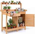 S AFSTAR Outdoor Potting Bench Table, Wooden Garden Work Station with Drawer, Storage Cabinet, Open Shelf, Side Hooks, Metal Tabletop Gardening Workbench, Potting Benches for Outside Backyard Balcony