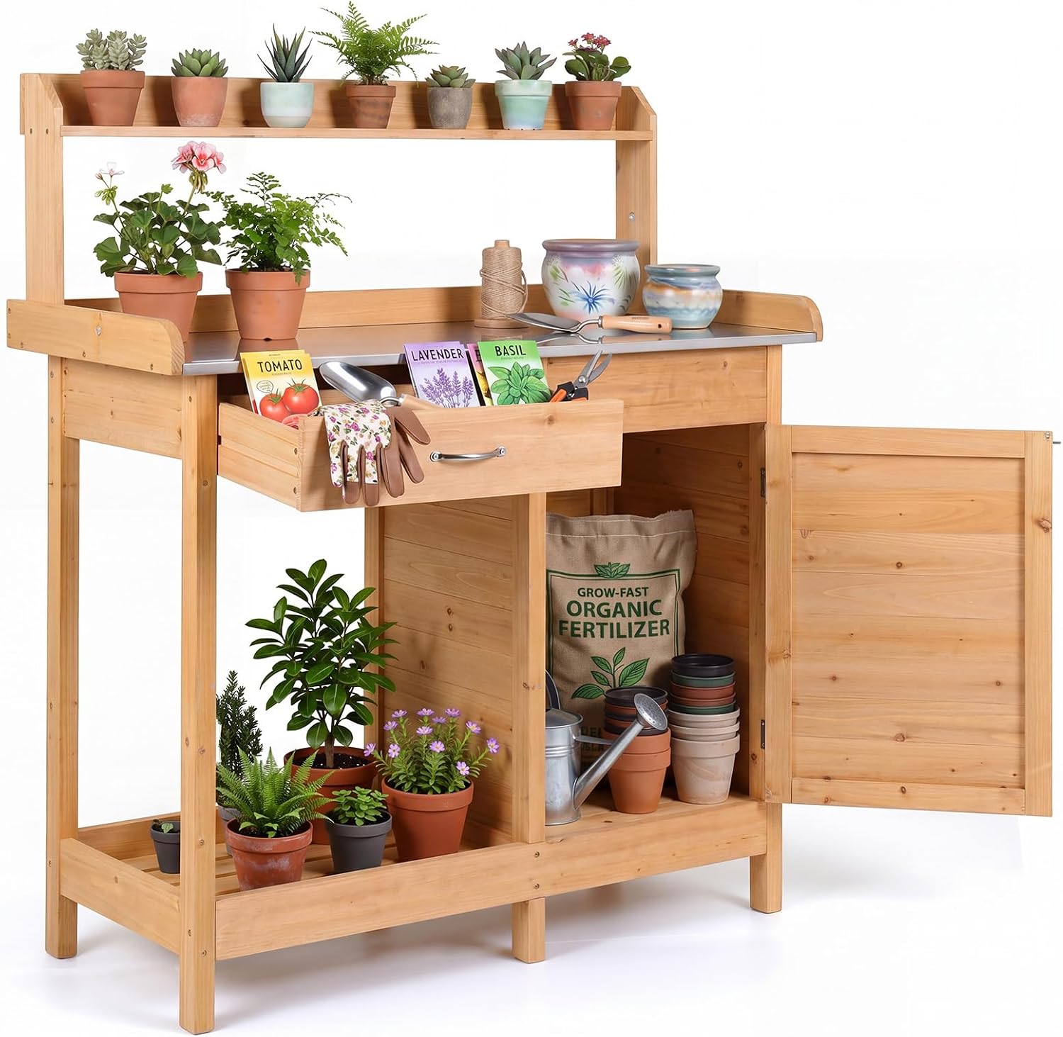S AFSTAR Outdoor Potting Bench Table, Wooden Garden Work Station with Drawer, Storage Cabinet, Open Shelf, Side Hooks, Metal Tabletop Gardening Workbench, Potting Benches for Outside Backyard Balcony