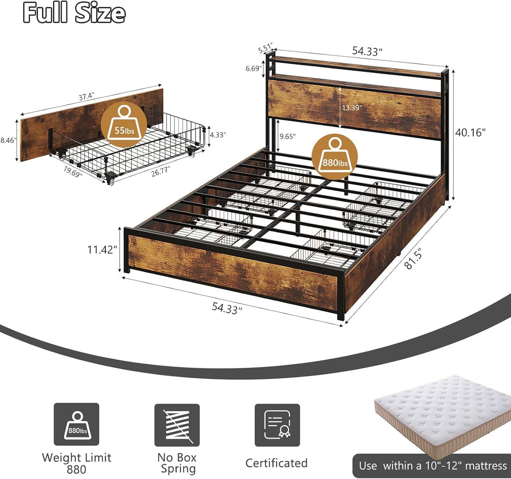 VINGLI Full Platform with 4 Storage Drawers and Headboard, Metal Double Bed with Charging Station and LED Lights, No Box Spring Needed, Noise Free, Easy Assembly, Vintage Brown