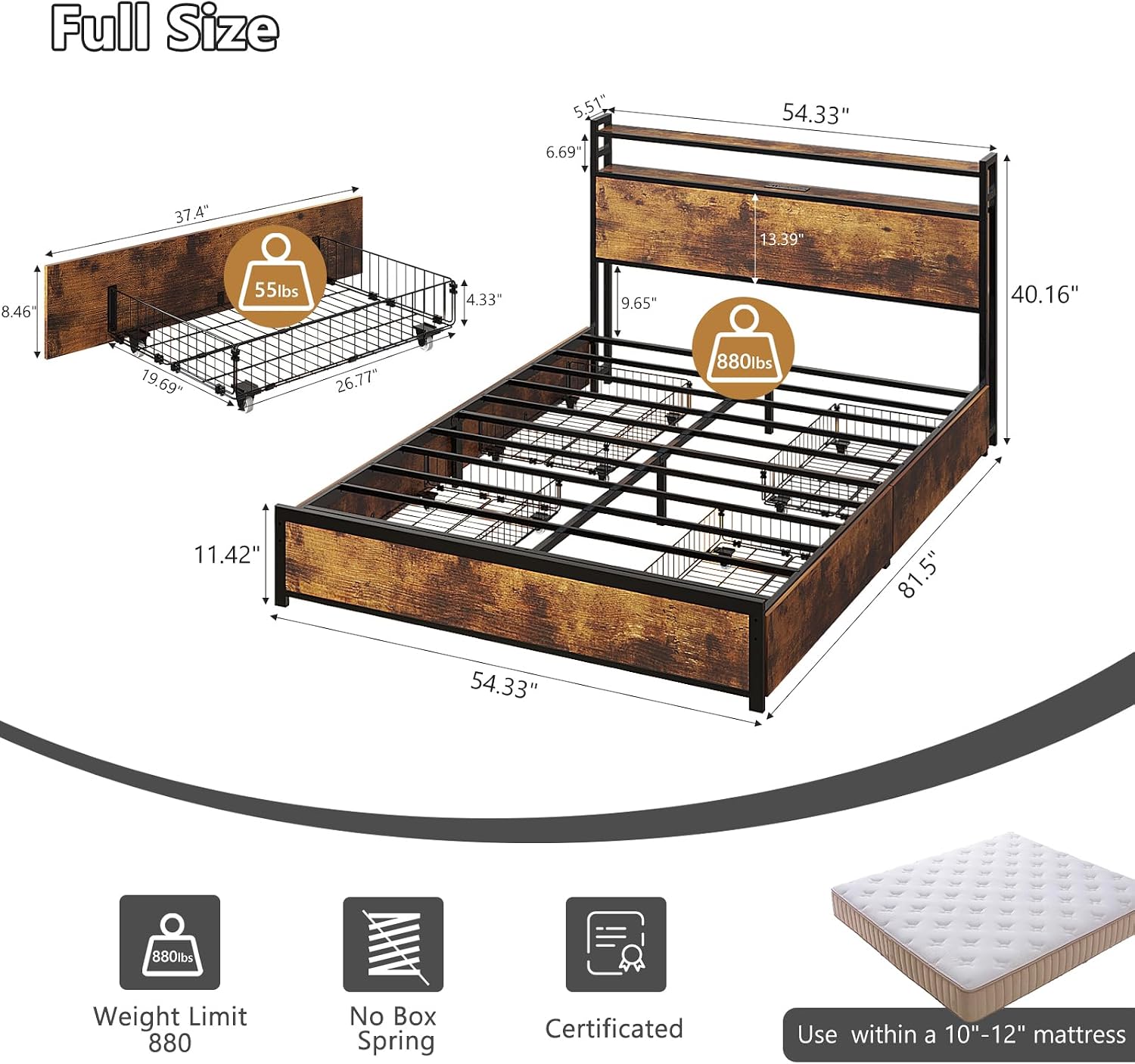 VINGLI Full Platform with 4 Storage Drawers and Headboard, Metal Double Bed with Charging Station and LED Lights, No Box Spring Needed, Noise Free, Easy Assembly, Vintage Brown