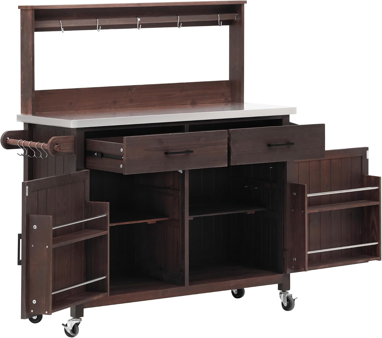 54.1' Stainless Steel Top Outdoor Kitchen Island, Solid Wood Potting Bench Table with Storage Cabinet and High Shelf, for Backyard, Patio, Garden, Brown