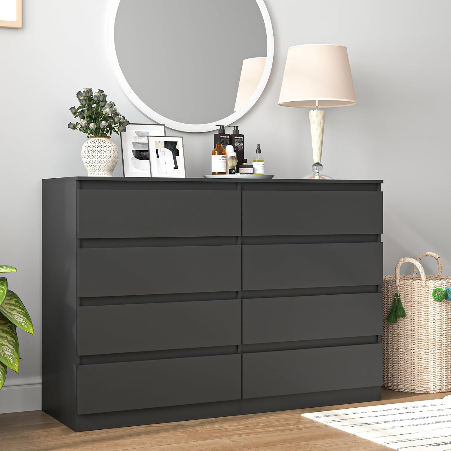 Vibe & Dine Double Dresser 8 Drawer, Modern Wooden Chest of Drawers with Wide Storage for Closet, Bedroom, Living Room, Black