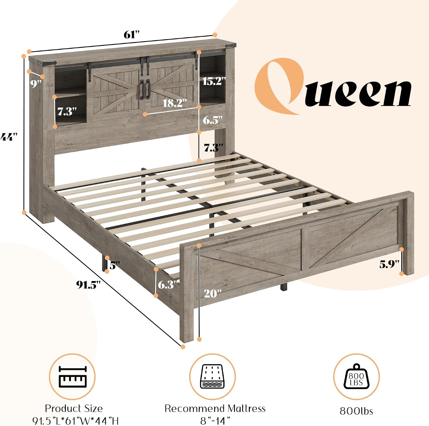 AMERLIFE 4 Pieces Farmhouse Bedroom Set, Includes Queen Size Bookcase Headboard Bed Frame, 5 Drawer Tall Dresser, 47'' Dresser with 4 Drawers, 60' Dresser with 4 Drawers, Light Rustic Oak