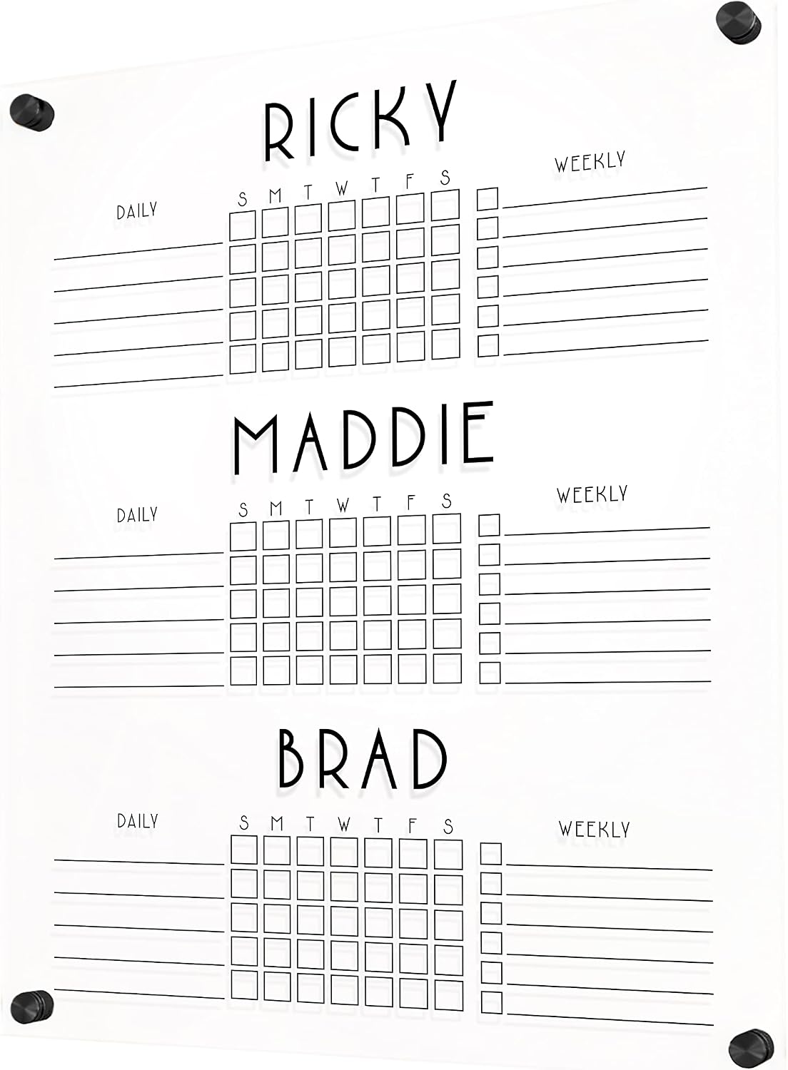 Personalized Chore Chart for Three Children | Custom Chore Chart for Girls and Boys dry erase clear acrylic minimalist homeschool (18.5'W x 23'H, Matte Black Standoffs)