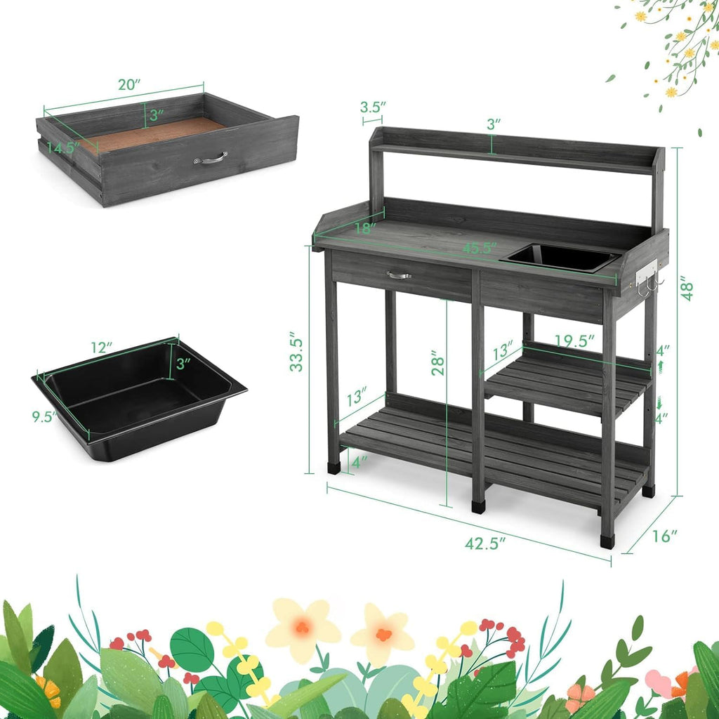 | Stands|, Garden Potting Bench Workstation Table with Sliding Tabletop Sink Shelves