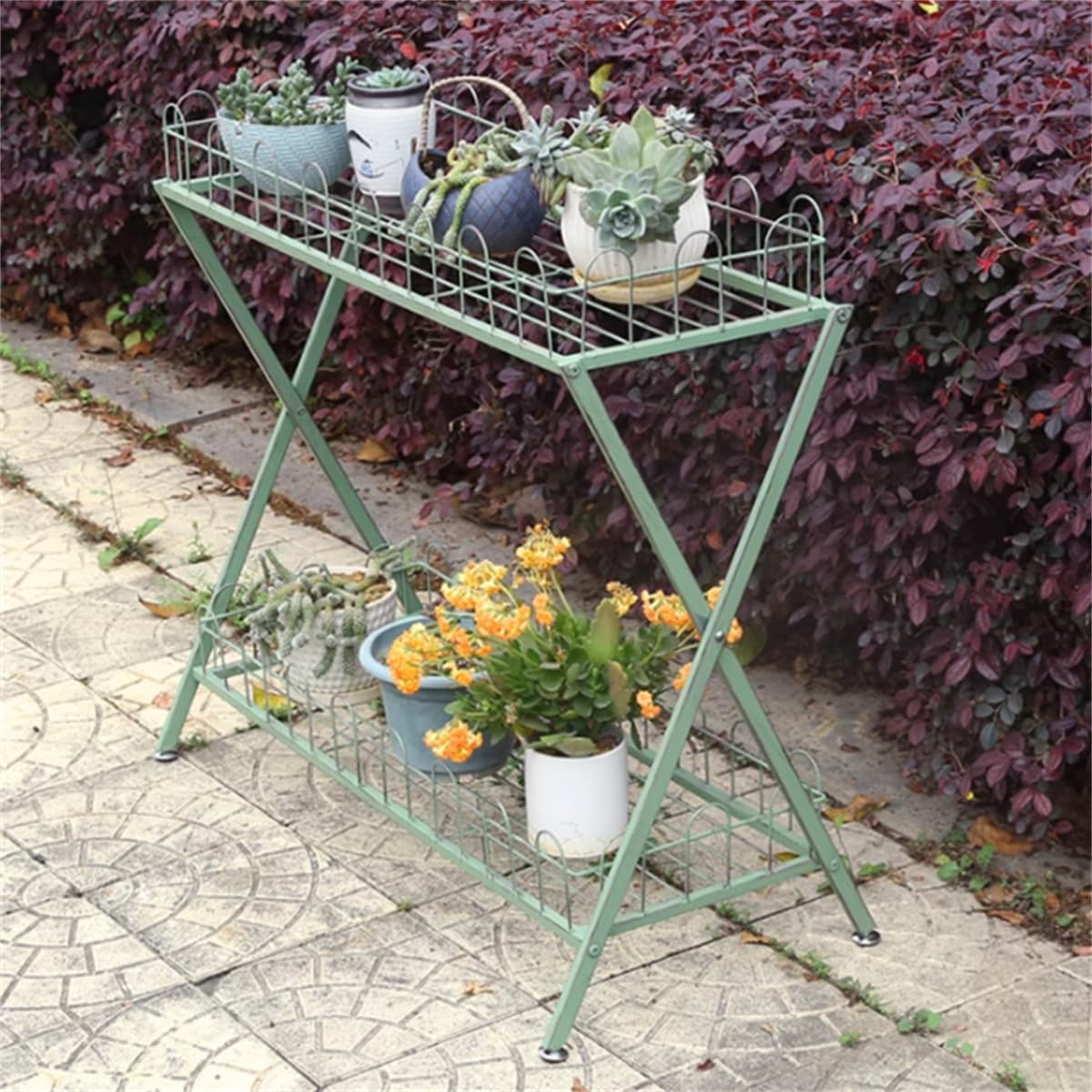 Garden Plant Stand,Outdoor Potting Bench Table,Old Balcony Iron Flower Stand with Fence,2 Tier Metal Waterproof Plant Shelf,for Living Room Patio Home Decor,Green