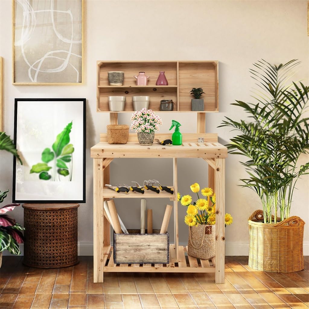 Garden Potting Table Outdoor Bench Wooden Workstation W/Storage Shelf