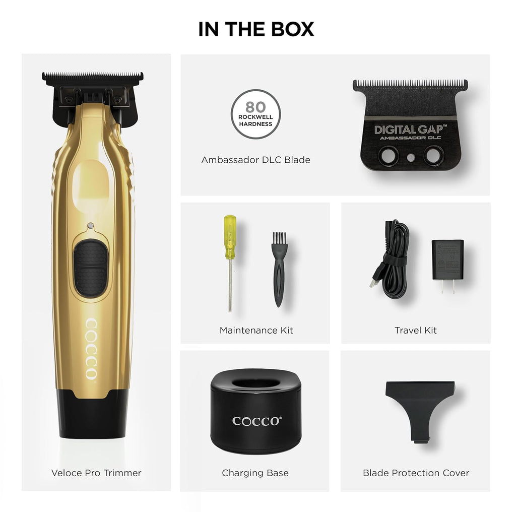Cocco Veloce Pro Trimmer, Digital Gap Ambassador DLC Blade Edger | High-Torque Brushless BLDC Motor, Cordless, All-Metal Design, Lithium-Ion Battery, Charging Base Included