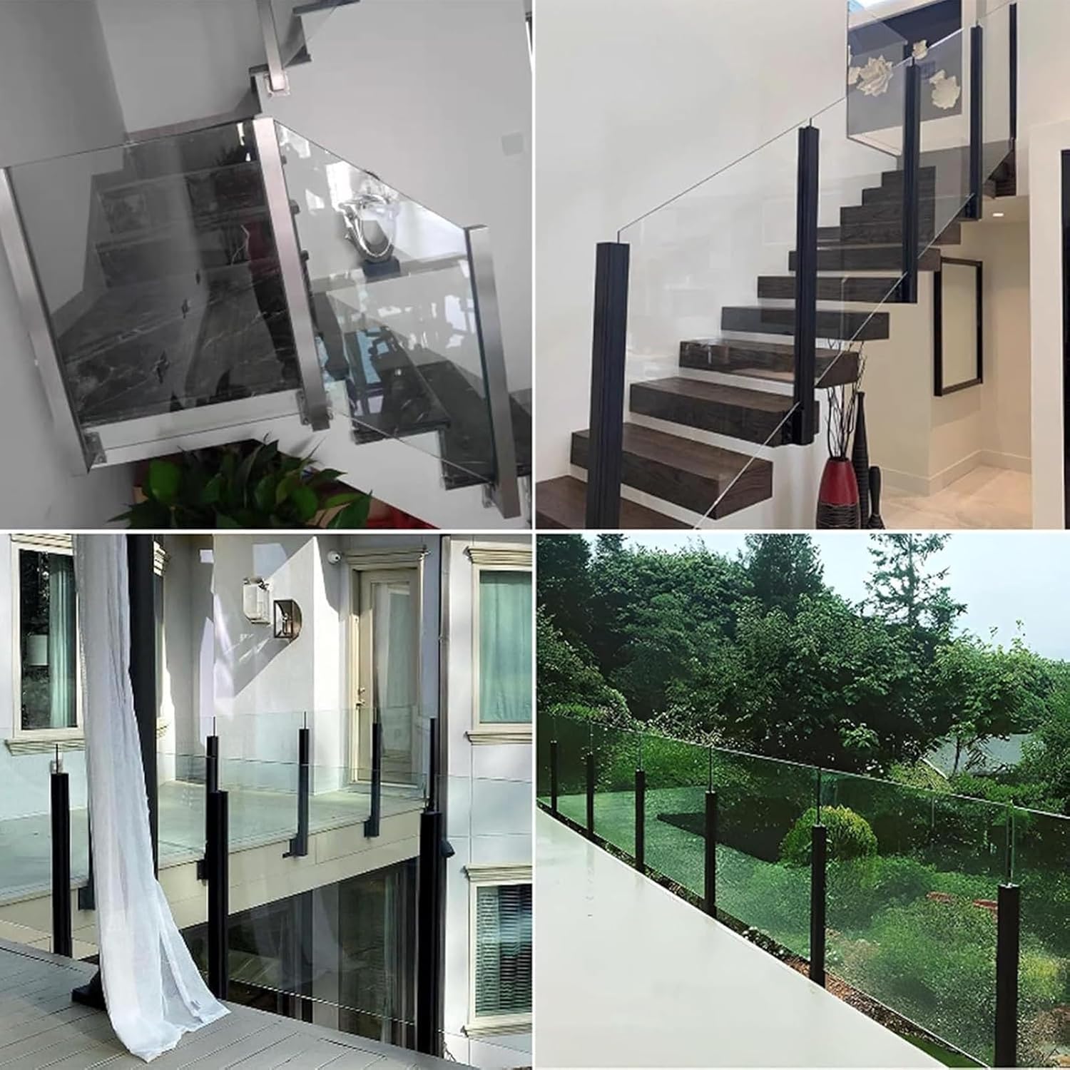 Custom Heights Wall Side Mount Black Glass Railing Post Side Mount, Outdoor Pool Fence Panels Baluster Post, Deck Railing System with Complete Kit for Exterior Steps Villas Balcony/ Stairway(Right End