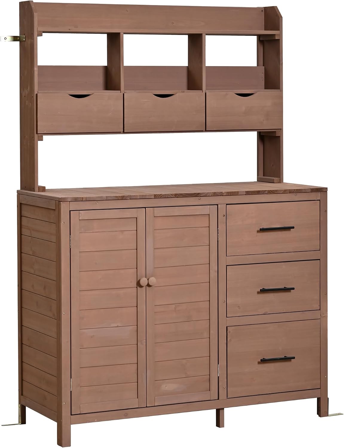 Roomfitters Garden Potting Bench with Storage Hutch, Outdoor Potting Table with 6 Drawers and Cabinets, Shelves, Brown