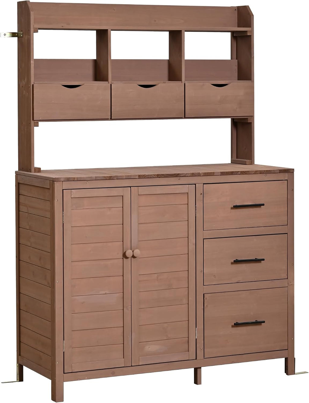 Farmhouse Patio Potting Bench,Large Freestanding Garden Workstation with 6 Drawers, Bottom Storage and Side Hook,Outdoor Kitchen Island (Brown-s)
