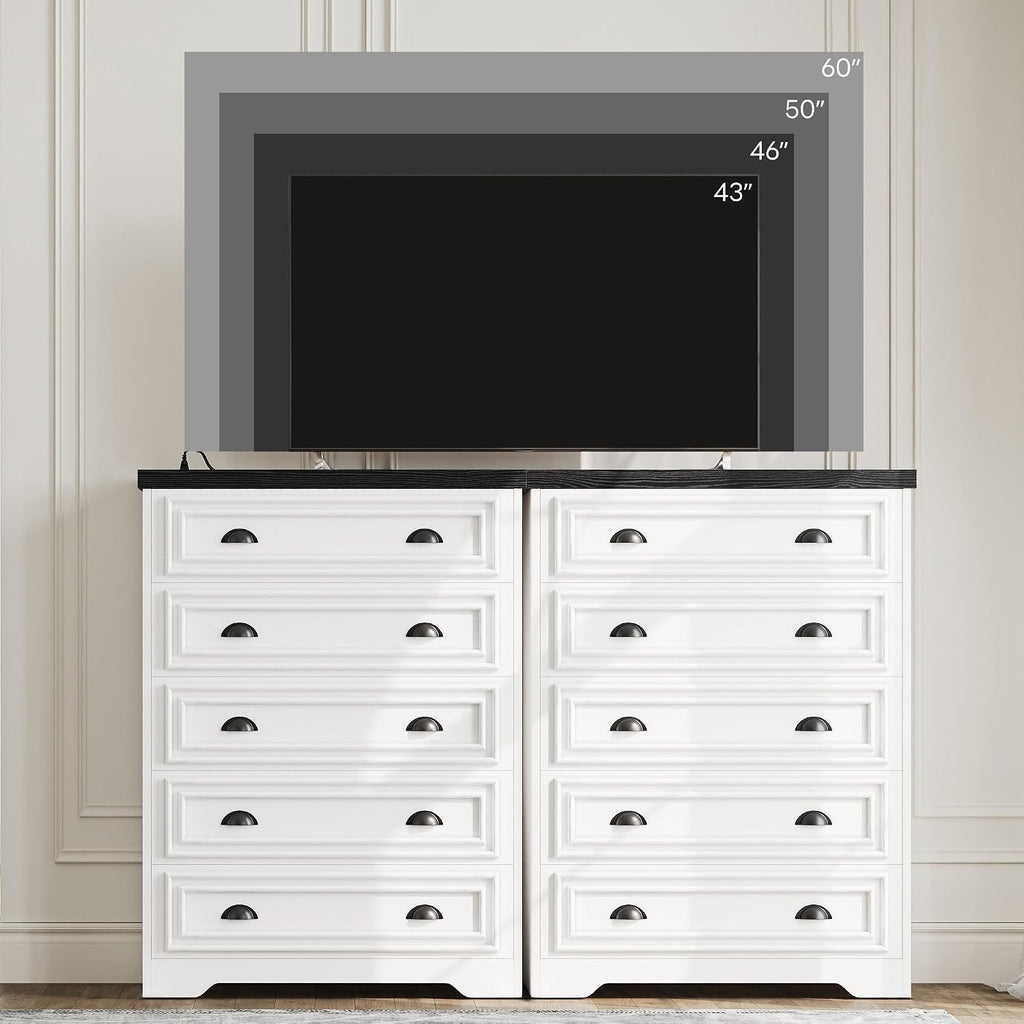 LIKIMIO 5-Drawer 43' Tall Dresser with Built-in Charging Station - Farmhouse Style Bedroom Storage Cabinet, Black &White