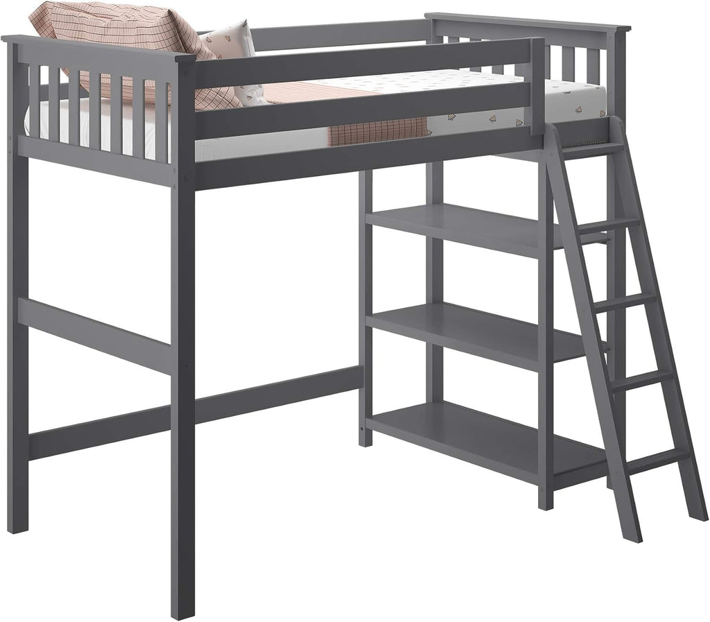 Max & Lily High Loft Bed, Twin Bed Frame For Kids With Bookcase, Grey