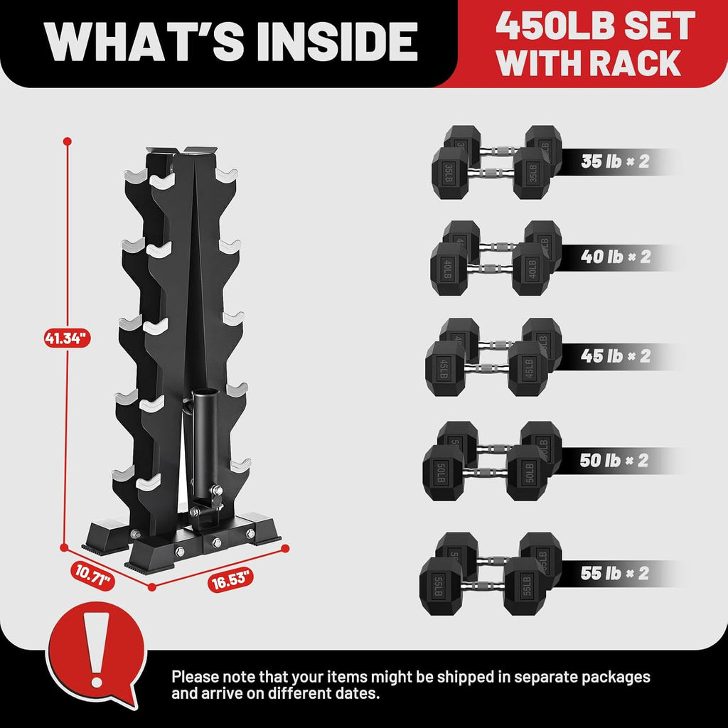 PAPABABE Hex Dumbbell Sets with Rack, 100-600lb Rubber Coated Dumbbell Weight Set and Storage Rack, Multiple Options Hand Weights for Strength Training