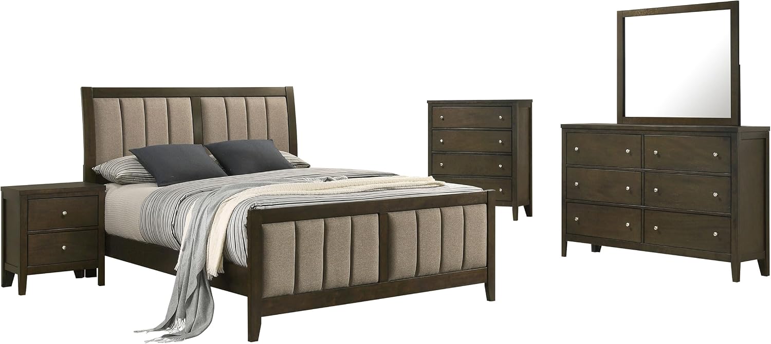 Coaster Home Furnishings Wilkes Transitional 5-Piece Bedroom Set Fabric Upholstered Full Size Panel Bed Frame 51-inch Headboard Dark Cocoa 224421F-S5