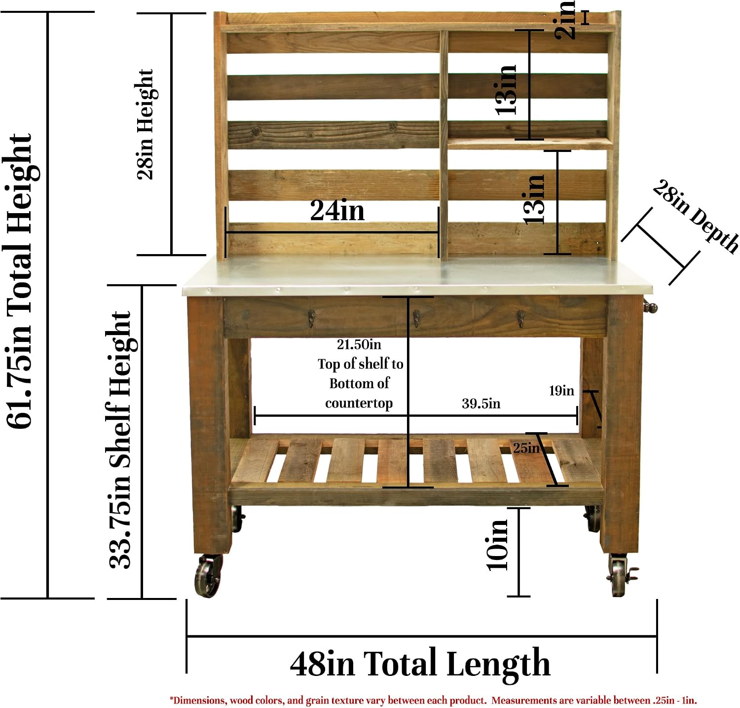 Potting Bench with Hardware Hooks & Towel Bar - Buffet Table Island Workbench Outdoor Patio Garden Furniture Wood Rolling Cart & Zinc Table-Top w/Black Iron Castors & Brakes (5in Black Caster)