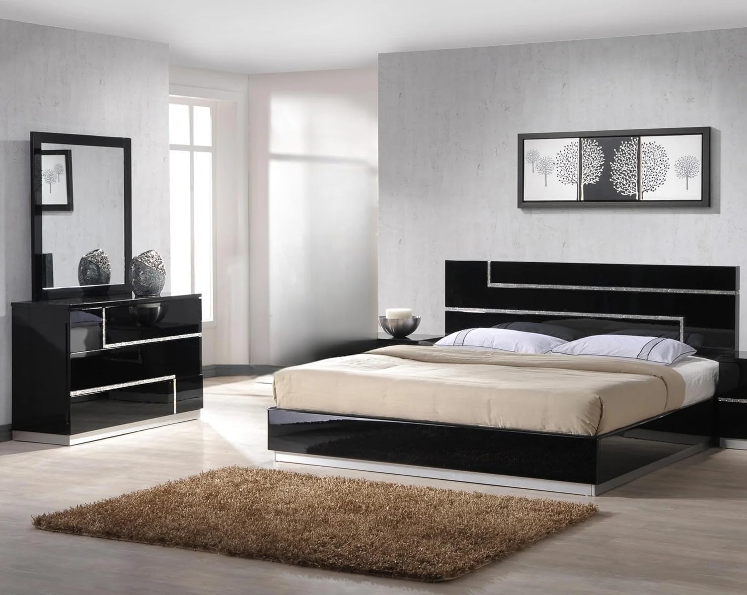 Black Lacquer 3-Piece Modern Bedroom Set - California King Size | Chrome Finish Base, High Gloss Finish Wood Bed Set