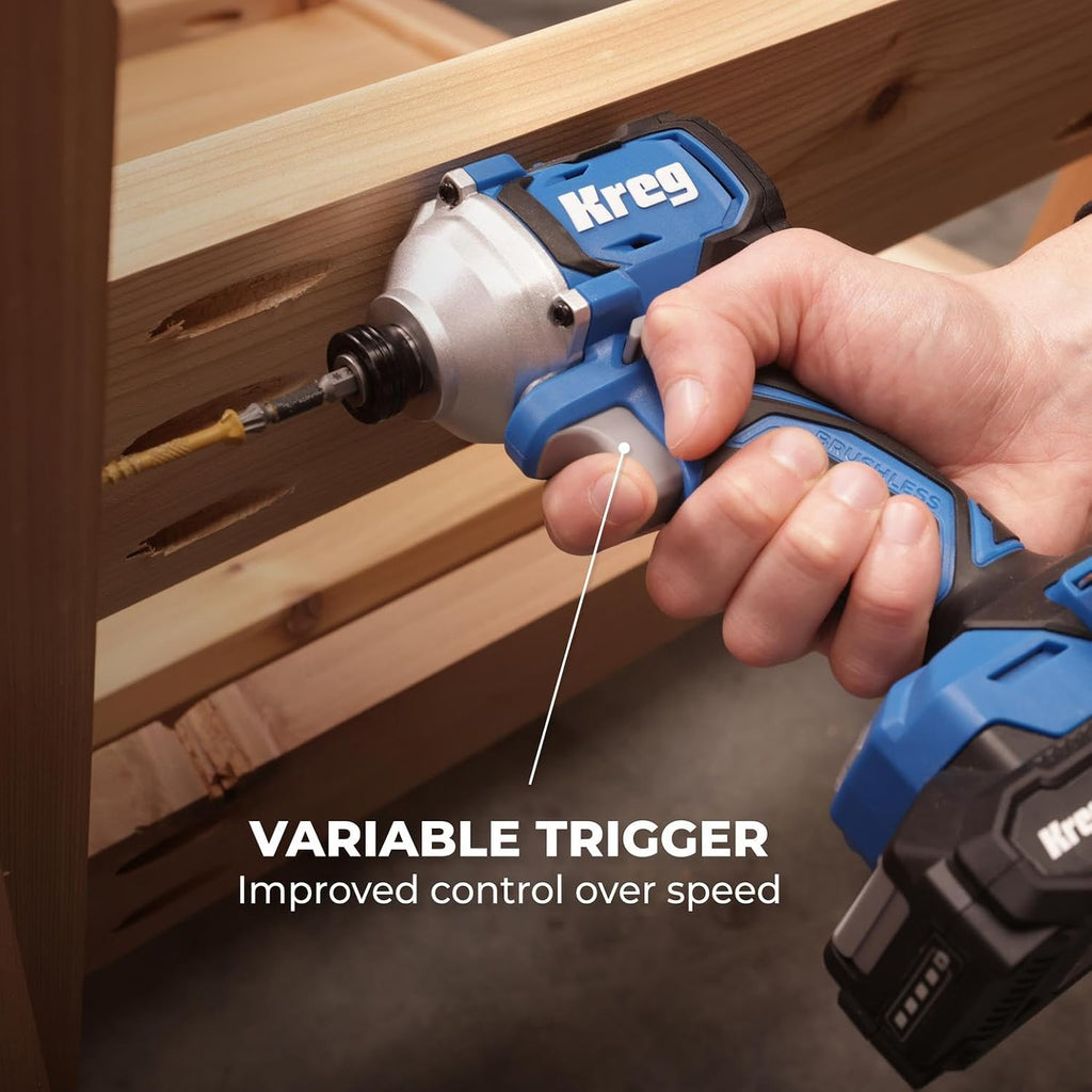 Kreg 20V Ionic Drive 1/4' Compact Impact Driver, 20V Blue Ion Charger & Blue Ion 2Ah Battery Pack - Compact, Cordless Driver with 2,200 in-lbs of Torque - 20V Variable Speed - LED Light - KPTBDV025A