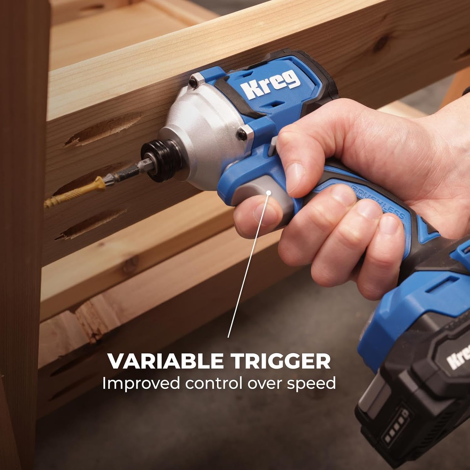Kreg 20V Ionic Drive 1/4' Compact Impact Driver, 20V Blue Ion Charger & Blue Ion 2Ah Battery Pack - Compact, Cordless Driver with 2,200 in-lbs of Torque - 20V Variable Speed - LED Light - KPTBDV025A